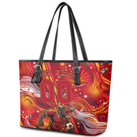Personalized Spain Football Bull Mascot Leather Tote Bag Dynamic Spanish Sunburst Abstract Flame