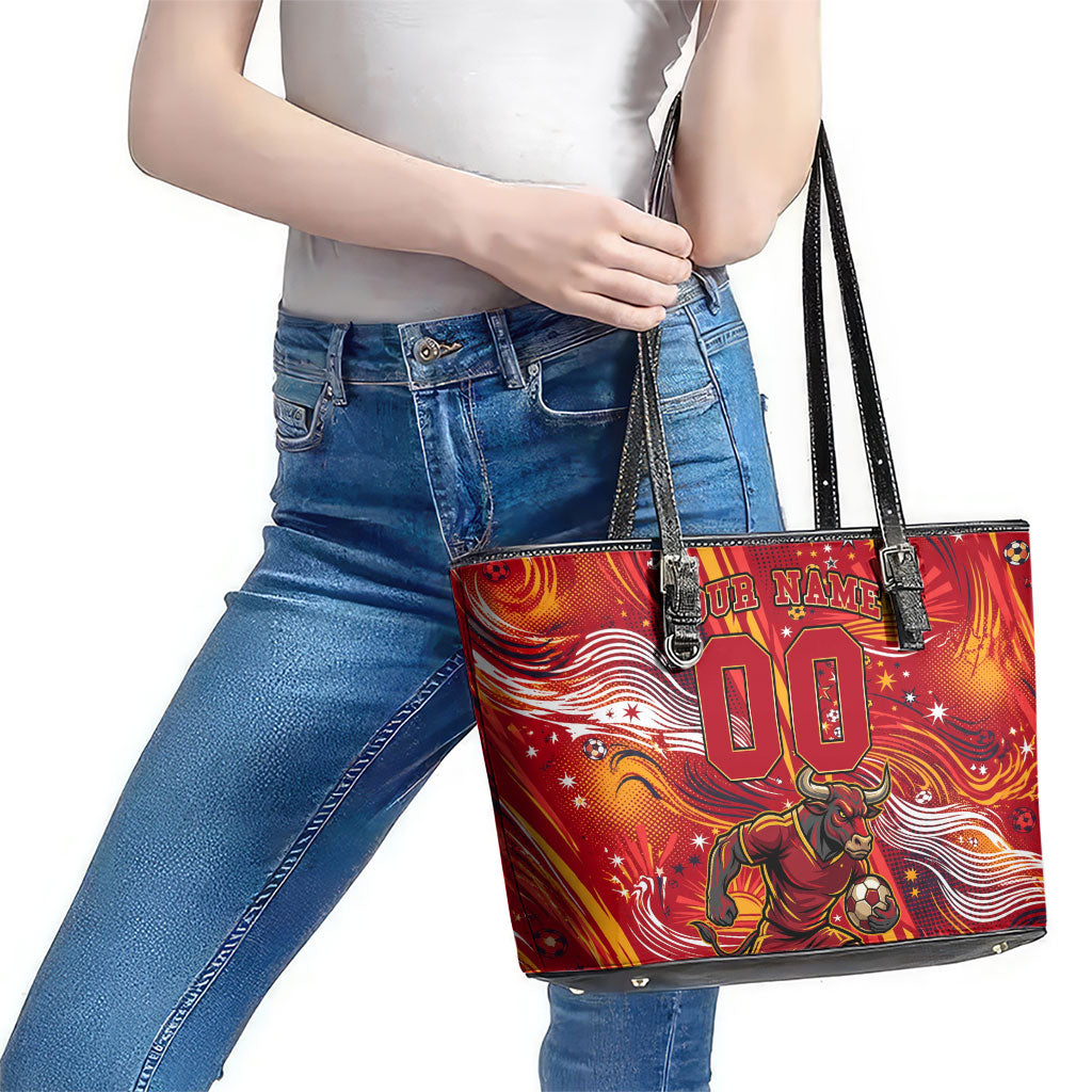 Personalized Spain Football Bull Mascot Leather Tote Bag Dynamic Spanish Sunburst Abstract Flame