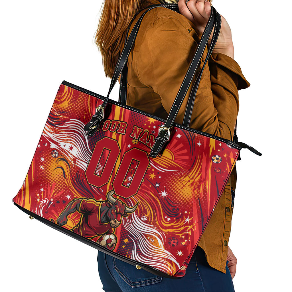 Personalized Spain Football Bull Mascot Leather Tote Bag Dynamic Spanish Sunburst Abstract Flame