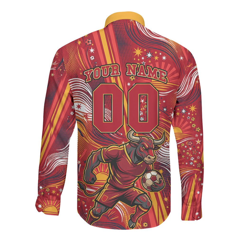 Personalized Spain Football Bull Mascot Long Sleeve Button Shirt Dynamic Spanish Sunburst Abstract Flame