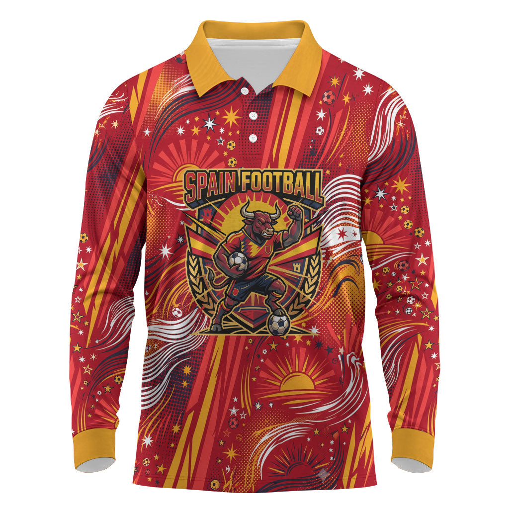 Personalized Spain Football Bull Mascot Long Sleeve Polo Shirt Dynamic Spanish Sunburst Abstract Flame