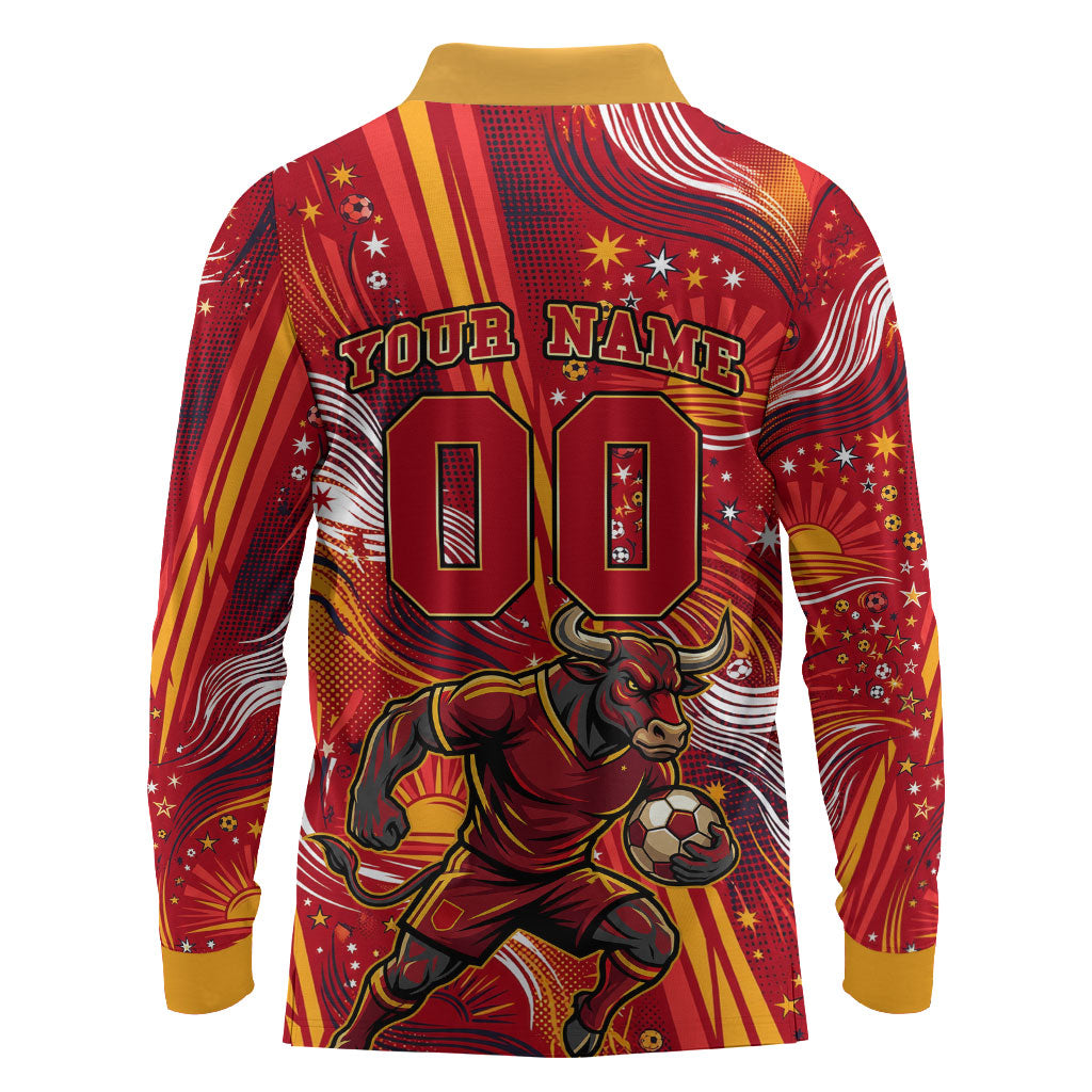 Personalized Spain Football Bull Mascot Long Sleeve Polo Shirt Dynamic Spanish Sunburst Abstract Flame