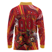 Personalized Spain Football Bull Mascot Long Sleeve Polo Shirt Dynamic Spanish Sunburst Abstract Flame