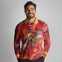 Personalized Spain Football Bull Mascot Long Sleeve Polo Shirt Dynamic Spanish Sunburst Abstract Flame