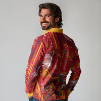 Personalized Spain Football Bull Mascot Long Sleeve Polo Shirt Dynamic Spanish Sunburst Abstract Flame