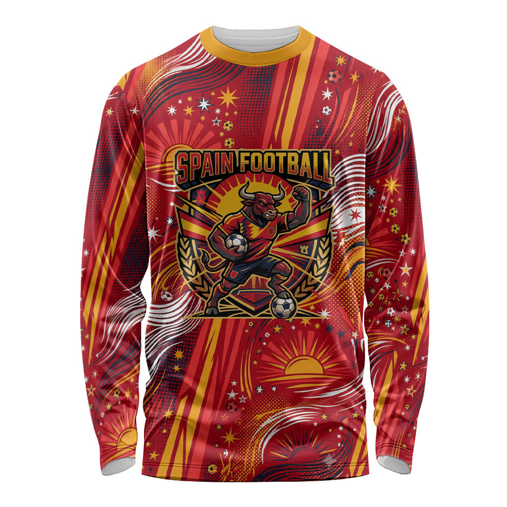 Personalized Spain Football Bull Mascot Long Sleeve Shirt Dynamic Spanish Sunburst Abstract Flame