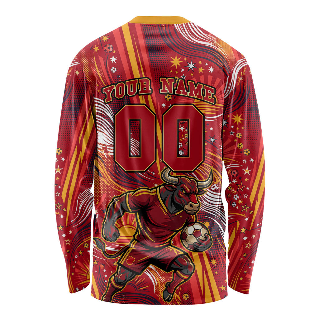 Personalized Spain Football Bull Mascot Long Sleeve Shirt Dynamic Spanish Sunburst Abstract Flame