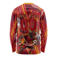 Personalized Spain Football Bull Mascot Long Sleeve Shirt Dynamic Spanish Sunburst Abstract Flame