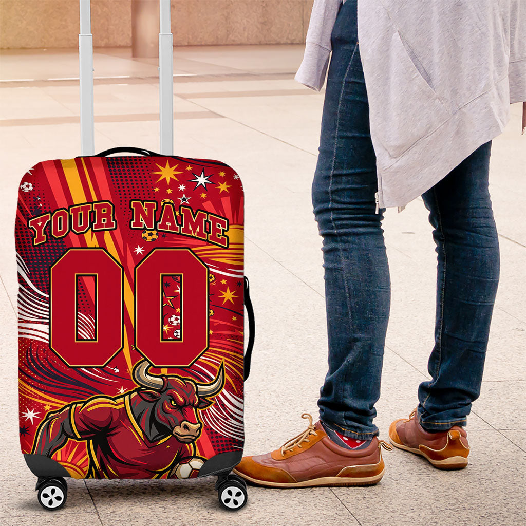 Personalized Spain Football Bull Mascot Luggage Cover Dynamic Spanish Sunburst Abstract Flame