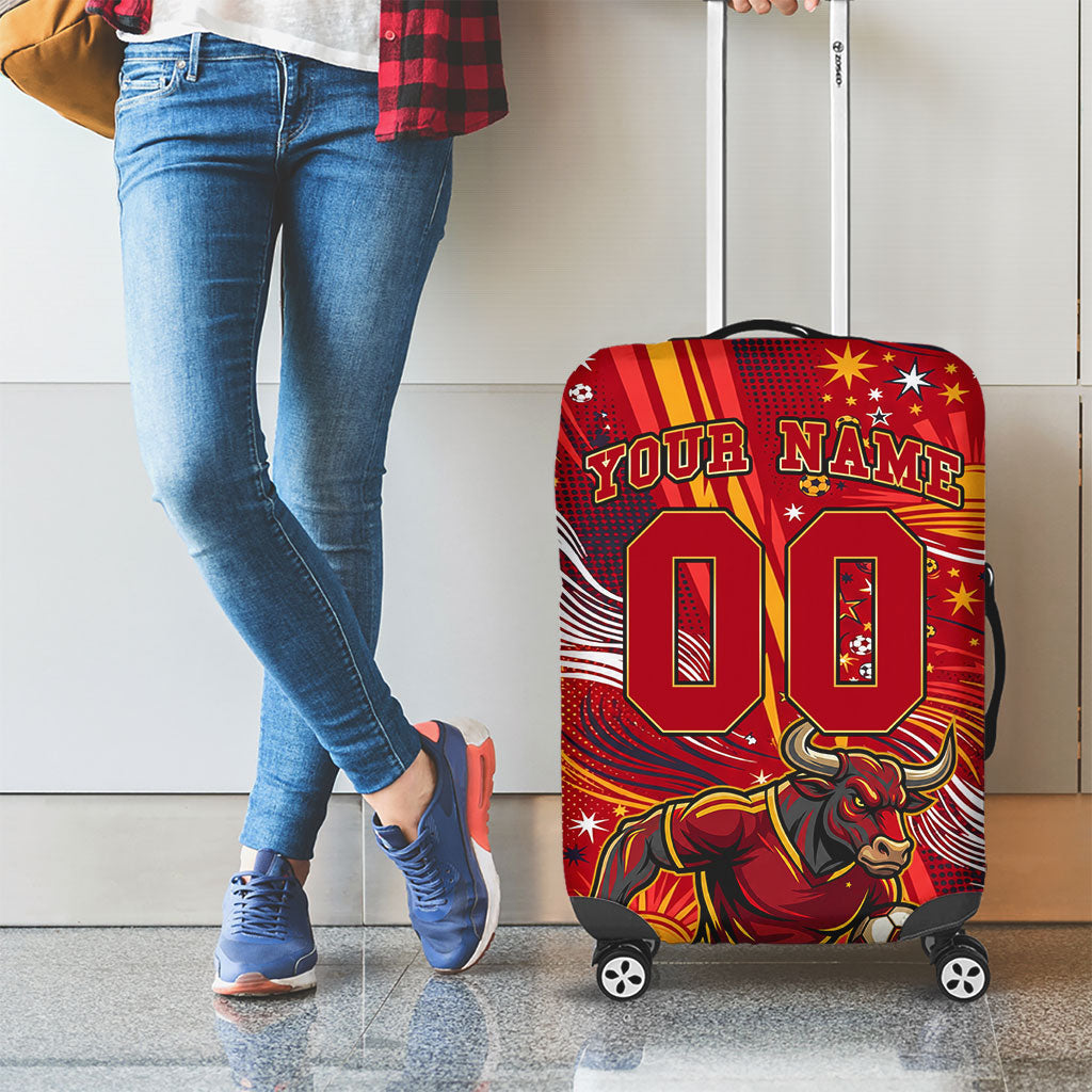 Personalized Spain Football Bull Mascot Luggage Cover Dynamic Spanish Sunburst Abstract Flame