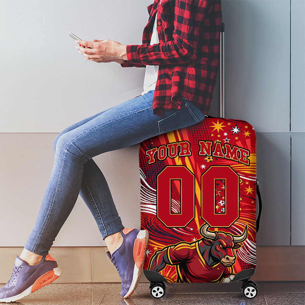 Personalized Spain Football Bull Mascot Luggage Cover Dynamic Spanish Sunburst Abstract Flame