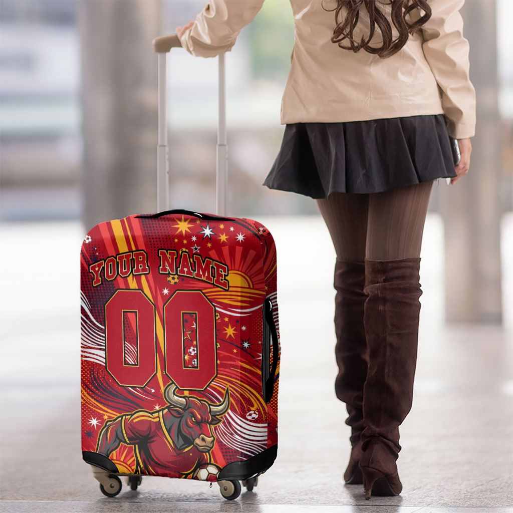 Personalized Spain Football Bull Mascot Luggage Cover Dynamic Spanish Sunburst Abstract Flame