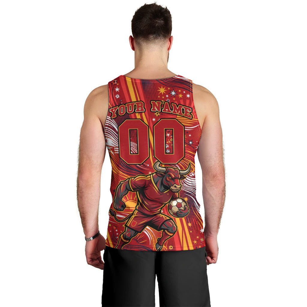 Personalized Spain Football Bull Mascot Men Tank Top Dynamic Spanish Sunburst Abstract Flame