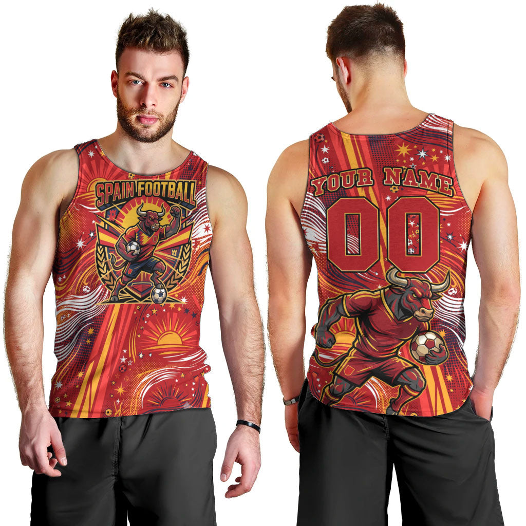 Personalized Spain Football Bull Mascot Men Tank Top Dynamic Spanish Sunburst Abstract Flame