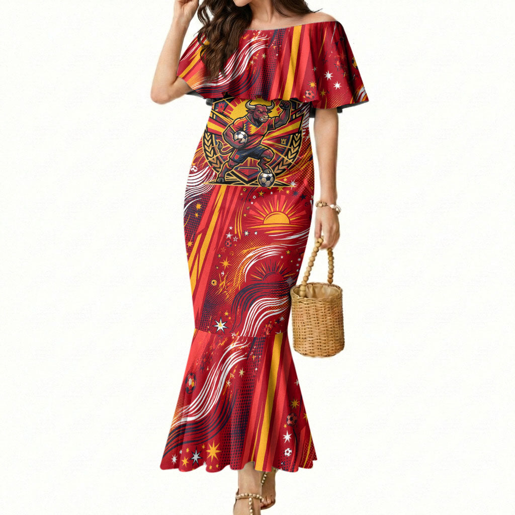 Personalized Spain Football Bull Mascot Mermaid Dress Dynamic Spanish Sunburst Abstract Flame