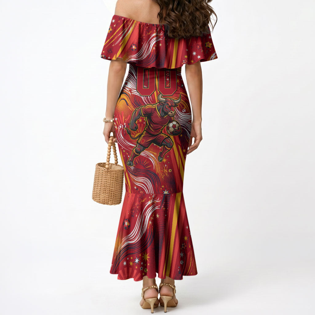 Personalized Spain Football Bull Mascot Mermaid Dress Dynamic Spanish Sunburst Abstract Flame