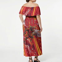 Personalized Spain Football Bull Mascot Off Shoulder Maxi Dress Dynamic Spanish Sunburst Abstract Flame