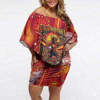 Personalized Spain Football Bull Mascot Off Shoulder Short Dress Dynamic Spanish Sunburst Abstract Flame