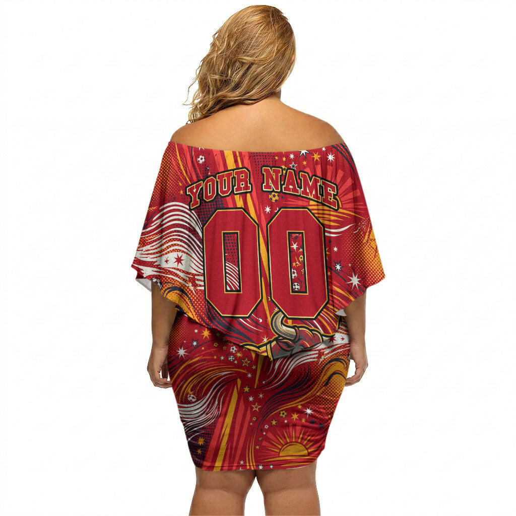 Personalized Spain Football Bull Mascot Off Shoulder Short Dress Dynamic Spanish Sunburst Abstract Flame
