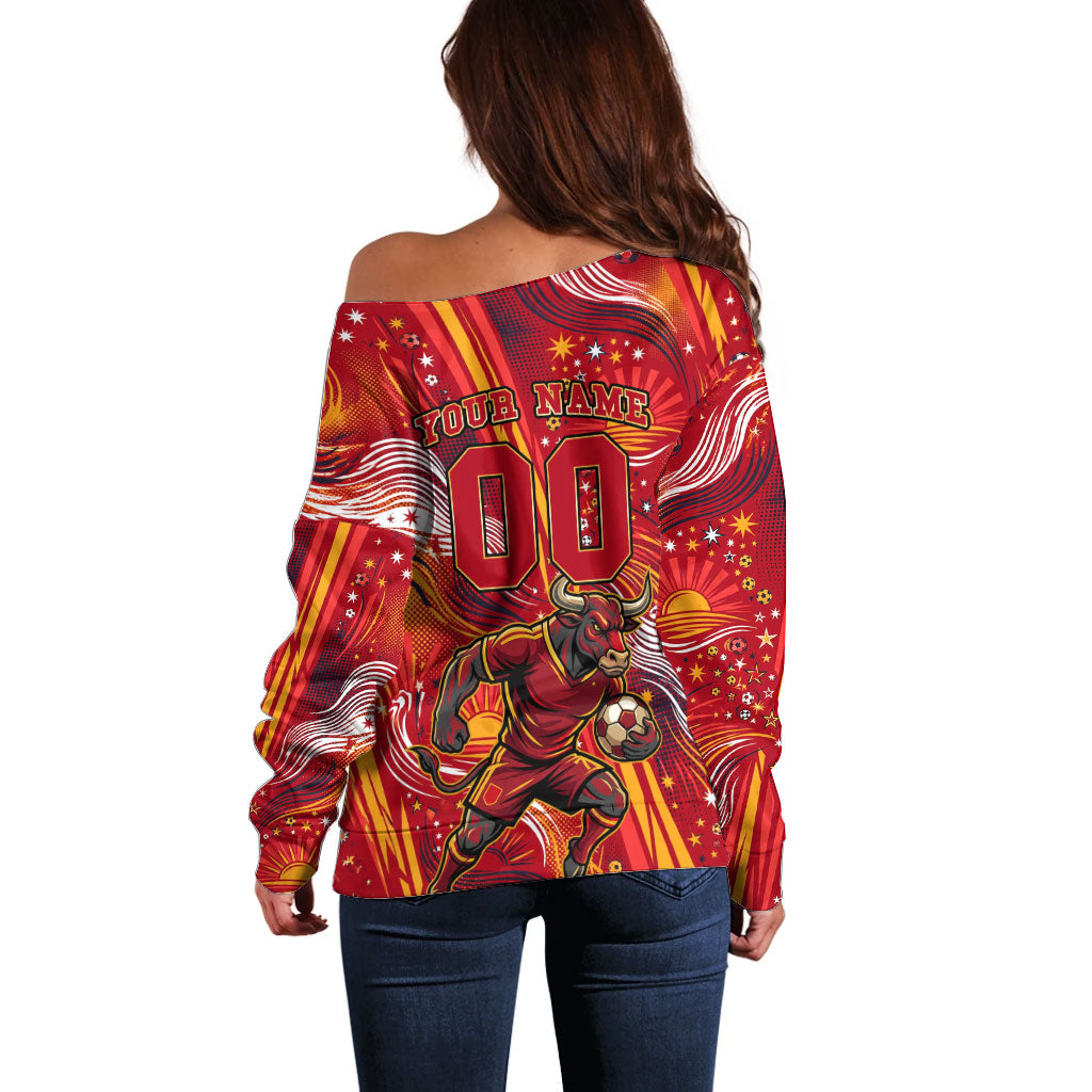 Personalized Spain Football Bull Mascot Off Shoulder Sweater Dynamic Spanish Sunburst Abstract Flame
