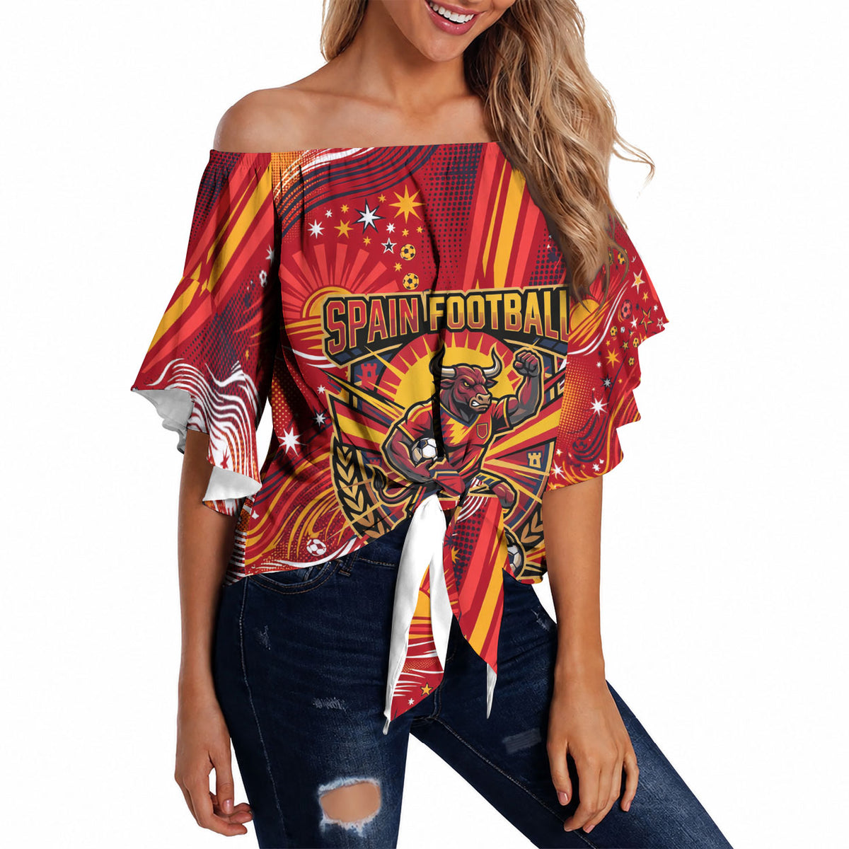 Personalized Spain Football Bull Mascot Off Shoulder Wrap Waist Top Dynamic Spanish Sunburst Abstract Flame