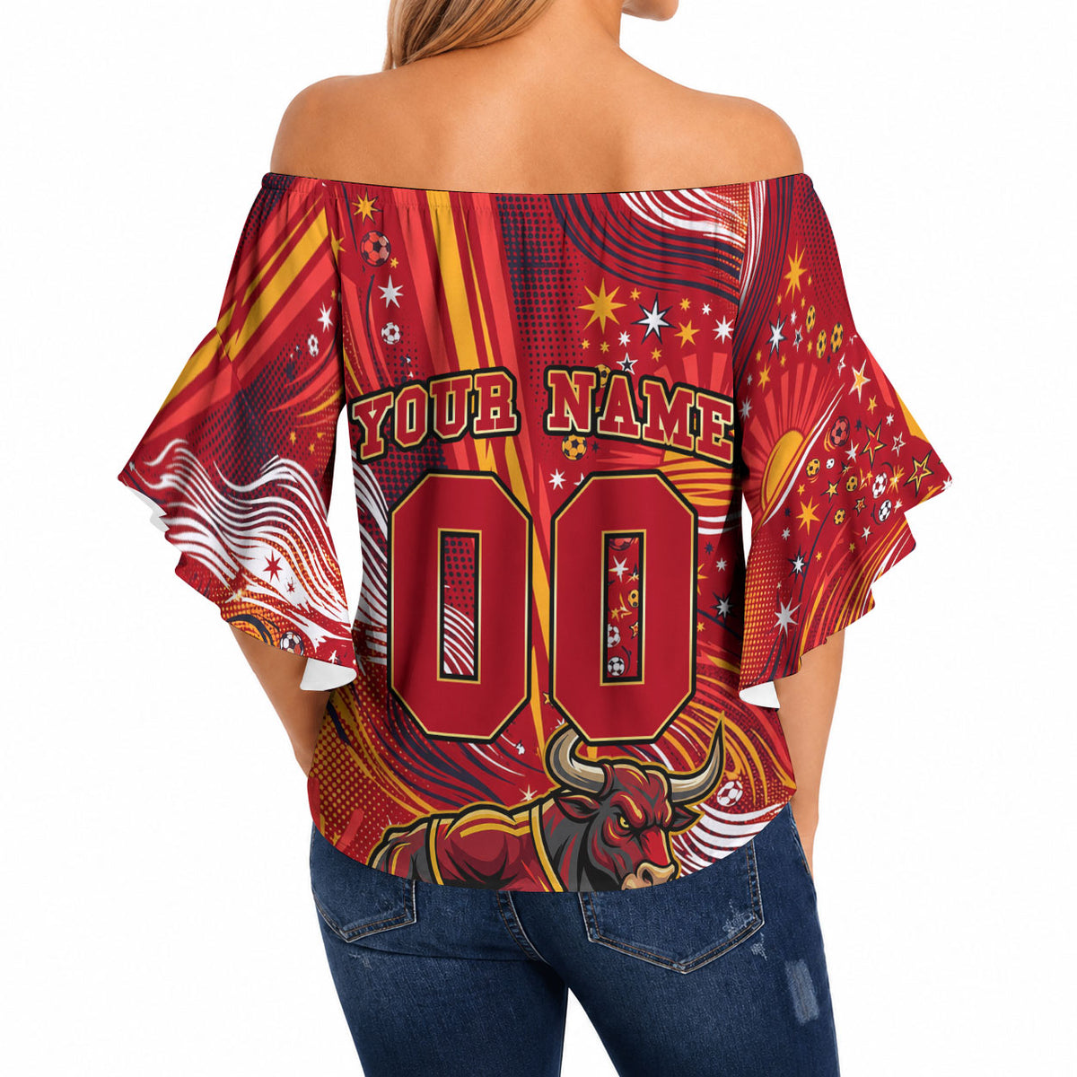 Personalized Spain Football Bull Mascot Off Shoulder Wrap Waist Top Dynamic Spanish Sunburst Abstract Flame