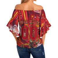 Personalized Spain Football Bull Mascot Off Shoulder Wrap Waist Top Dynamic Spanish Sunburst Abstract Flame