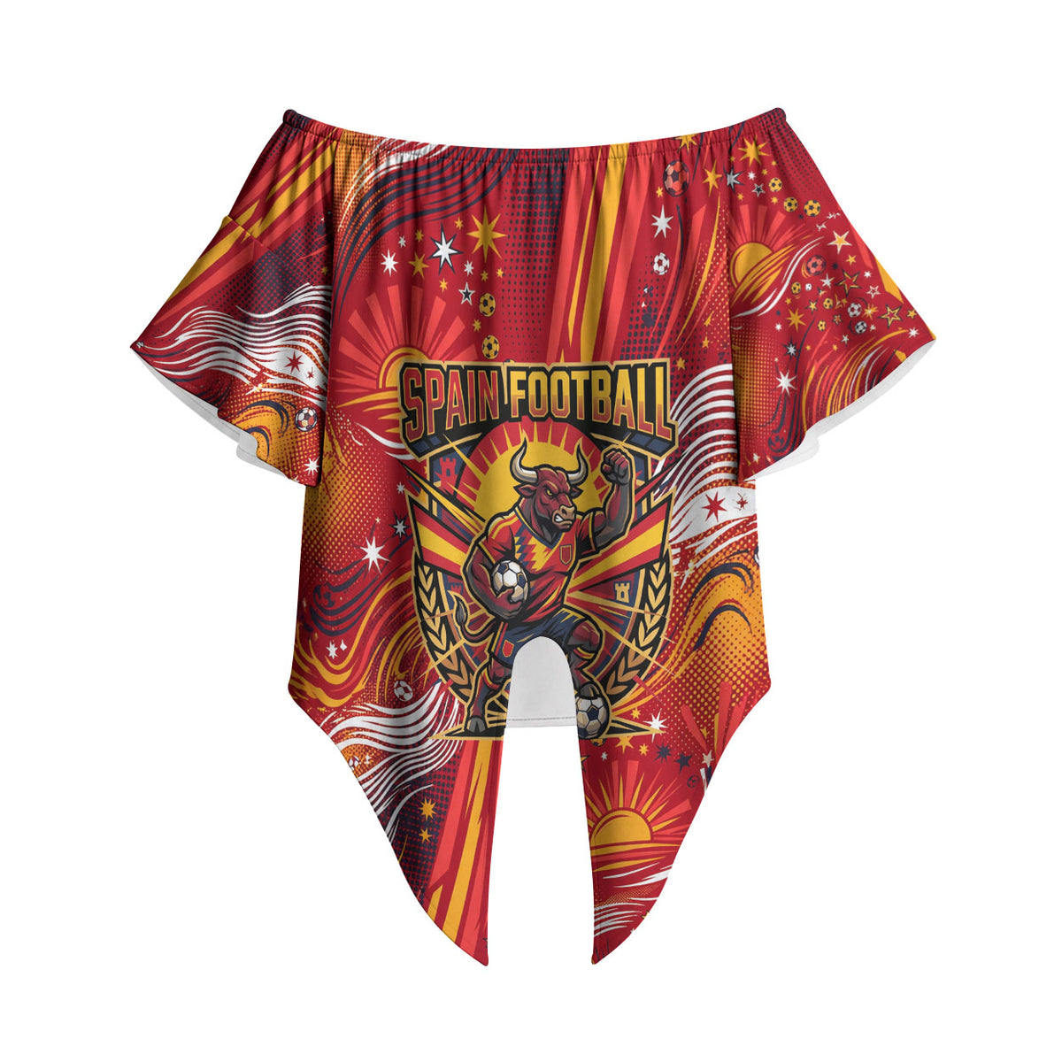Personalized Spain Football Bull Mascot Off Shoulder Wrap Waist Top Dynamic Spanish Sunburst Abstract Flame