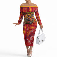 Personalized Spain Football Bull Mascot Off The Shoulder Long Sleeve Dress Dynamic Spanish Sunburst Abstract Flame