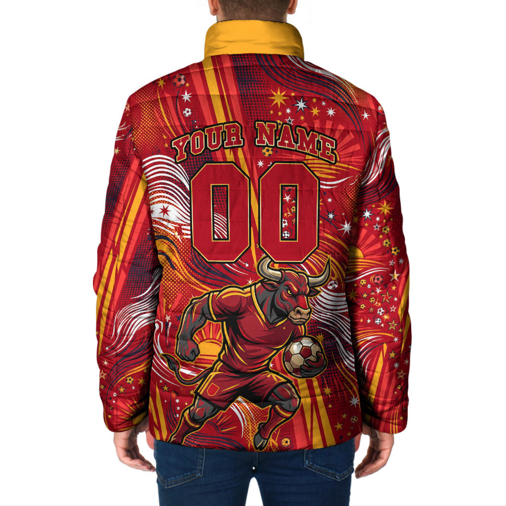 Personalized Spain Football Bull Mascot Padded Jacket Dynamic Spanish Sunburst Abstract Flame