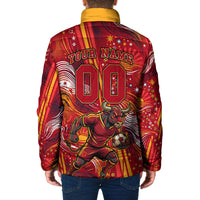 Personalized Spain Football Bull Mascot Padded Jacket Dynamic Spanish Sunburst Abstract Flame
