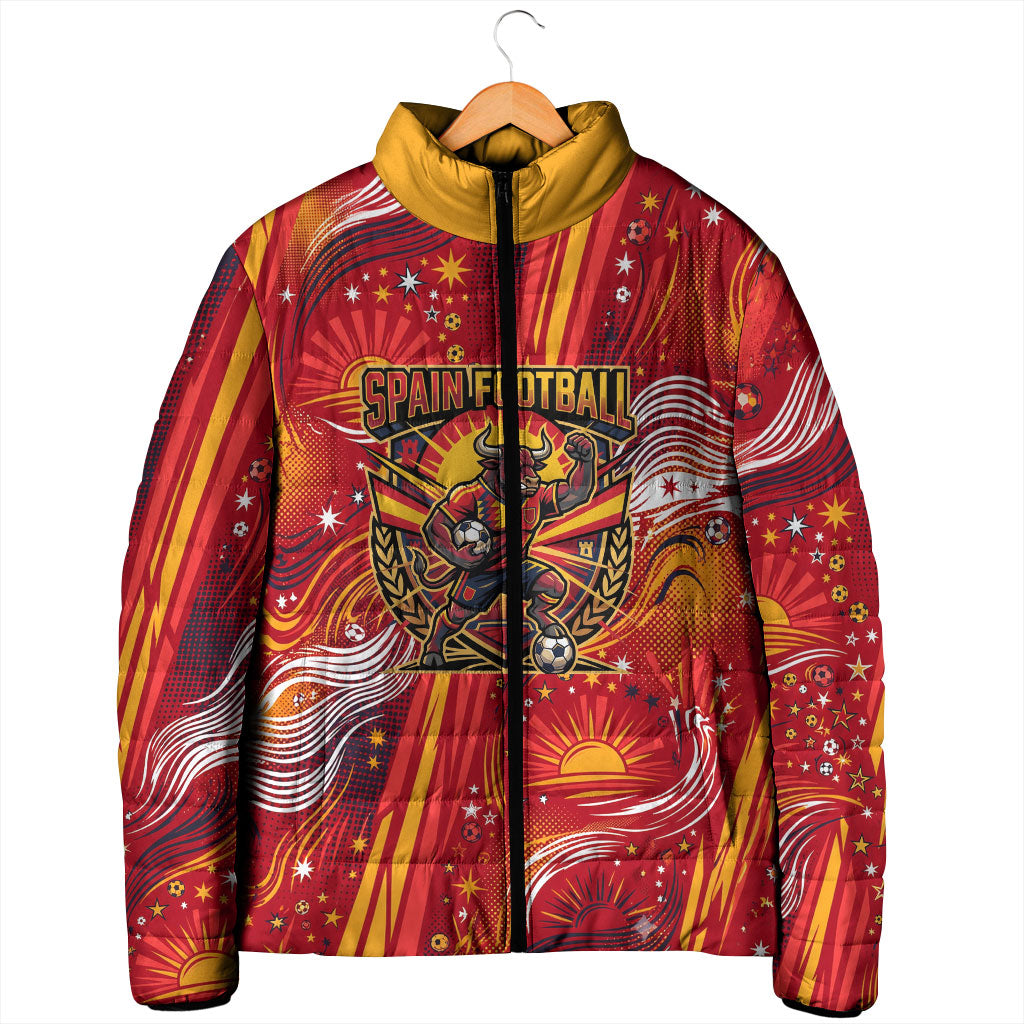 Personalized Spain Football Bull Mascot Padded Jacket Dynamic Spanish Sunburst Abstract Flame