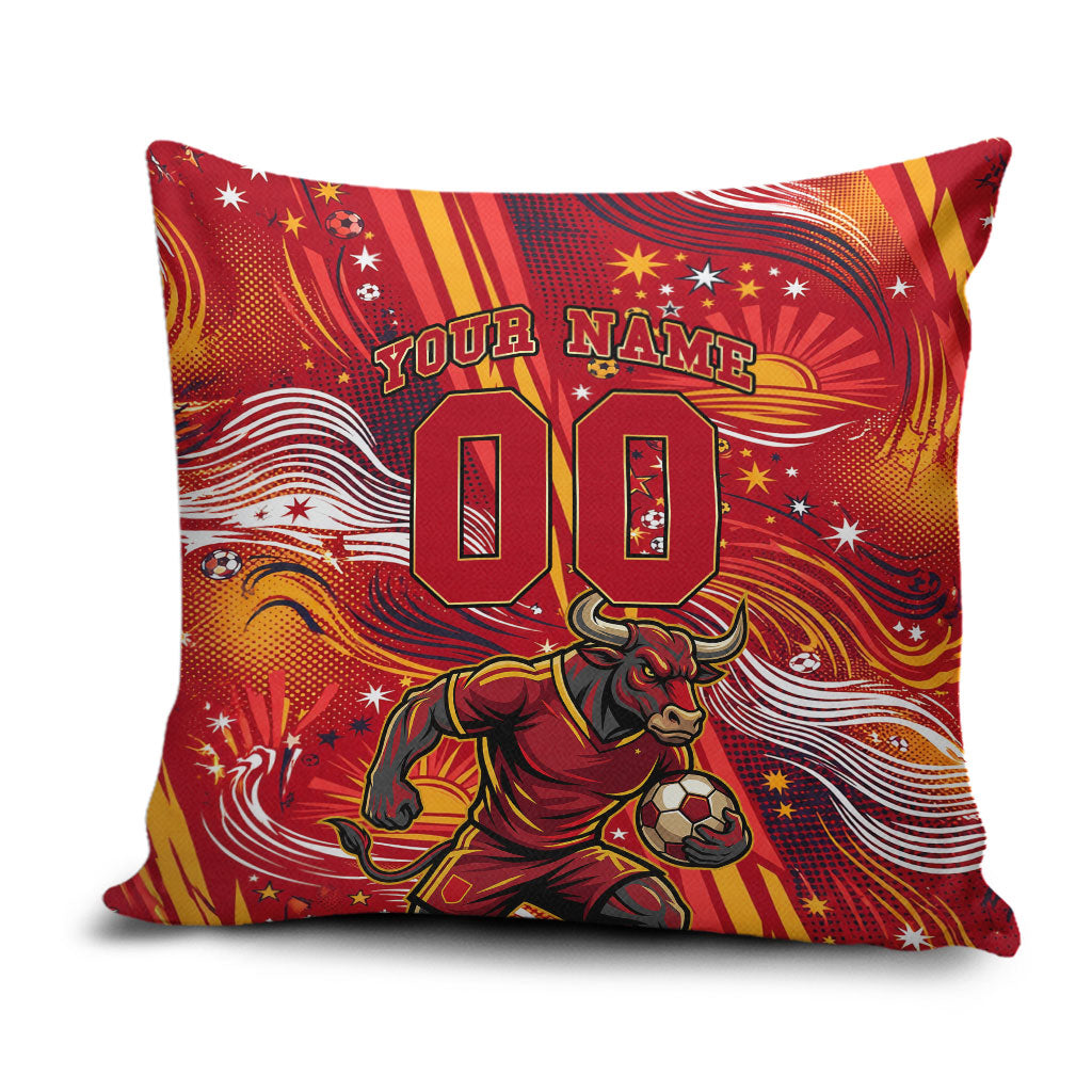 Personalized Spain Football Bull Mascot Pillow Cover Dynamic Spanish Sunburst Abstract Flame