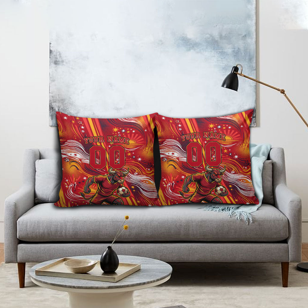 Personalized Spain Football Bull Mascot Pillow Cover Dynamic Spanish Sunburst Abstract Flame