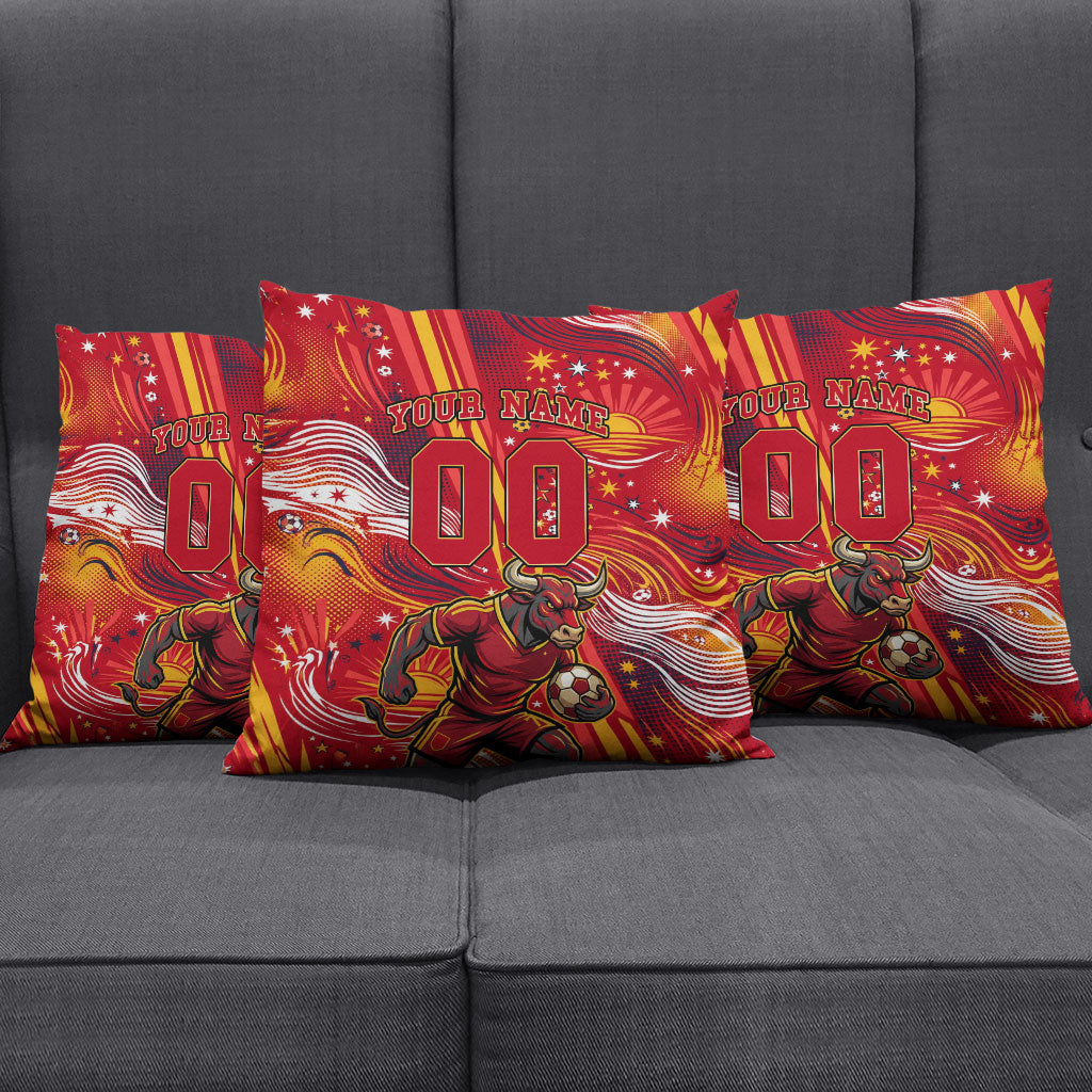 Personalized Spain Football Bull Mascot Pillow Cover Dynamic Spanish Sunburst Abstract Flame