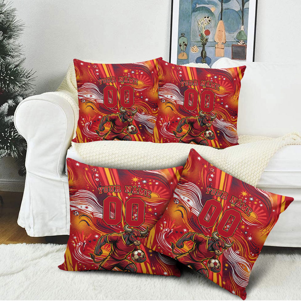 Personalized Spain Football Bull Mascot Pillow Cover Dynamic Spanish Sunburst Abstract Flame