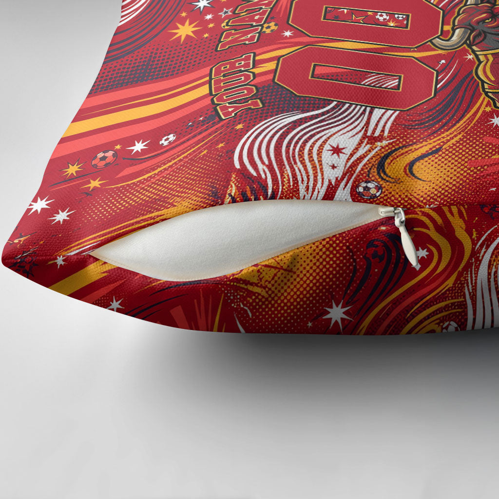 Personalized Spain Football Bull Mascot Pillow Cover Dynamic Spanish Sunburst Abstract Flame