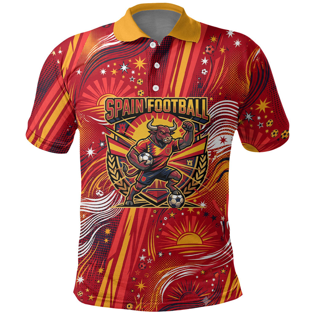 Personalized Spain Football Bull Mascot Polo Shirt Dynamic Spanish Sunburst Abstract Flame