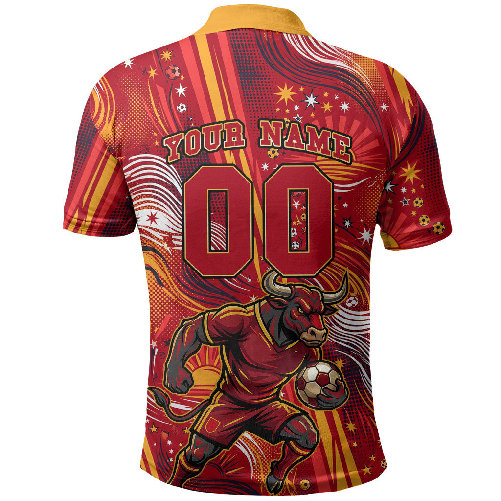 Personalized Spain Football Bull Mascot Polo Shirt Dynamic Spanish Sunburst Abstract Flame