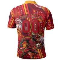 Personalized Spain Football Bull Mascot Polo Shirt Dynamic Spanish Sunburst Abstract Flame