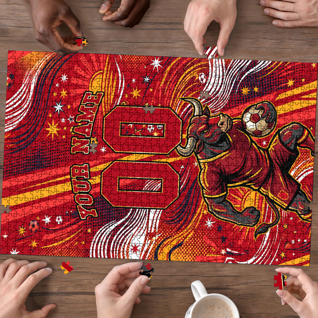 Personalized Spain Football Bull Mascot Puzzle Dynamic Spanish Sunburst Abstract Flame