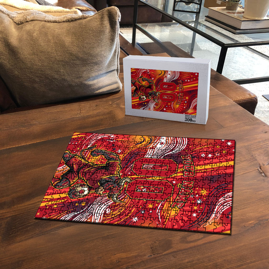 Personalized Spain Football Bull Mascot Puzzle Dynamic Spanish Sunburst Abstract Flame