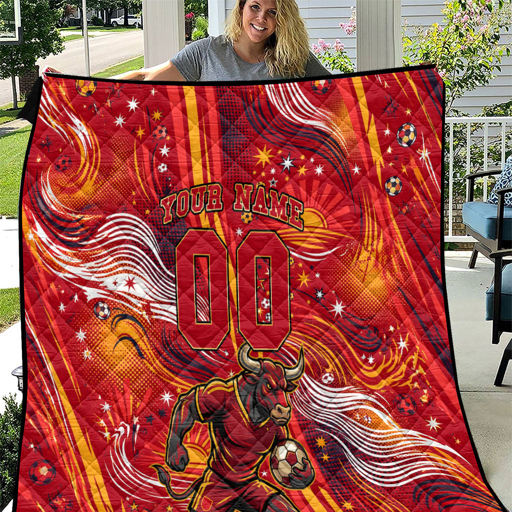 Personalized Spain Football Bull Mascot Quilt Dynamic Spanish Sunburst Abstract Flame