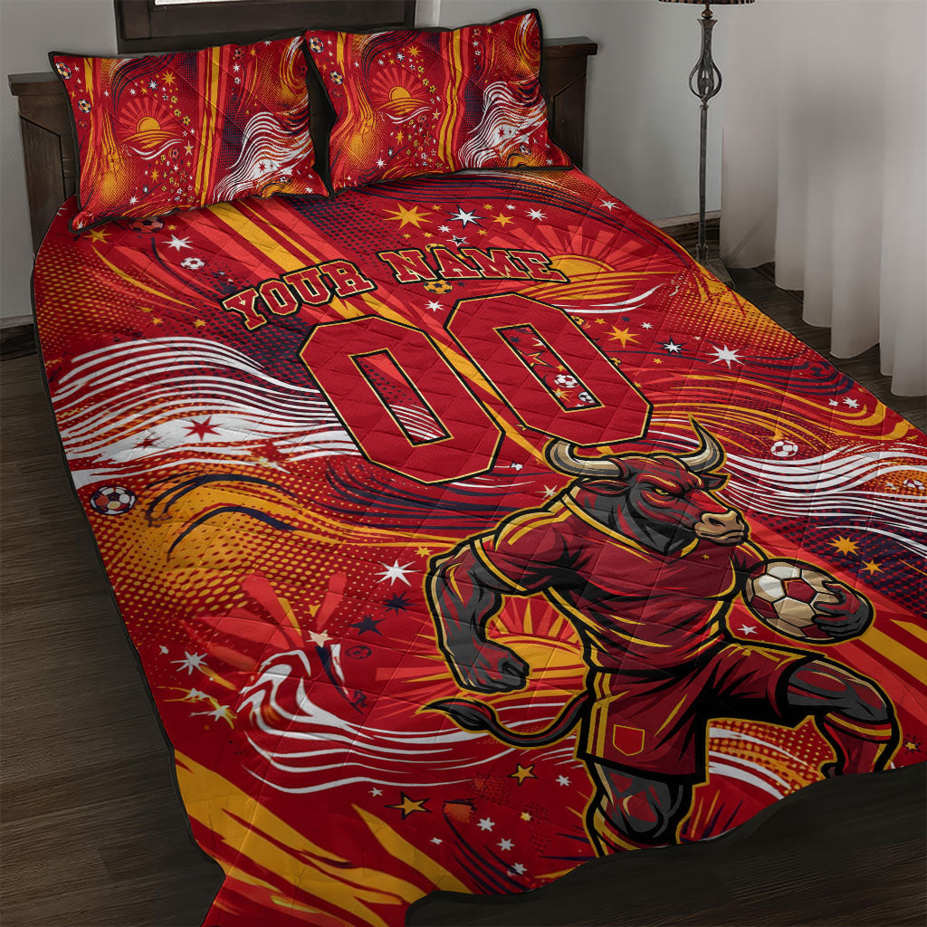 Personalized Spain Football Bull Mascot Quilt Bed Set Dynamic Spanish Sunburst Abstract Flame