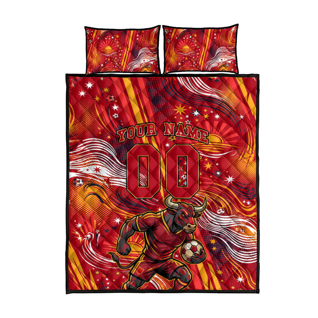 Personalized Spain Football Bull Mascot Quilt Bed Set Dynamic Spanish Sunburst Abstract Flame