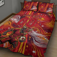 Personalized Spain Football Bull Mascot Quilt Bed Set Dynamic Spanish Sunburst Abstract Flame