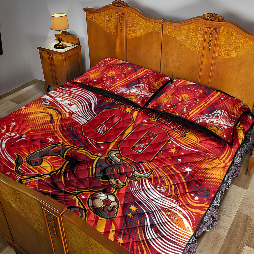 Personalized Spain Football Bull Mascot Quilt Bed Set Dynamic Spanish Sunburst Abstract Flame