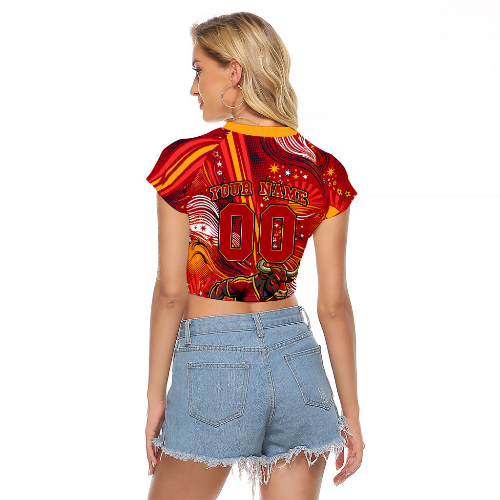 Personalized Spain Football Bull Mascot Raglan Cropped T Shirt Dynamic Spanish Sunburst Abstract Flame