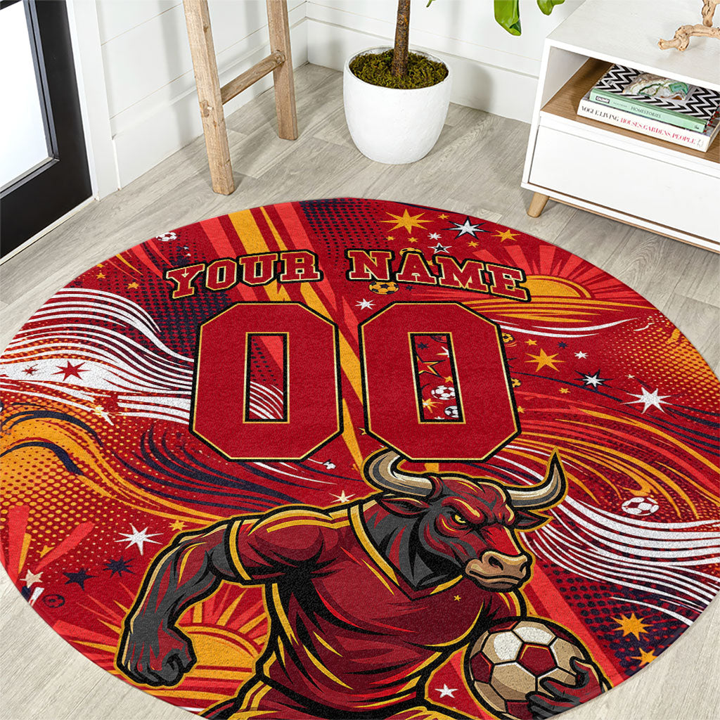 Personalized Spain Football Bull Mascot Round Carpet Dynamic Spanish Sunburst Abstract Flame