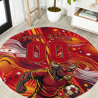 Personalized Spain Football Bull Mascot Round Carpet Dynamic Spanish Sunburst Abstract Flame